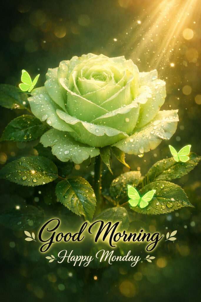 Good morning happy Monday images with green rose, butterflies and glowing nature background with text