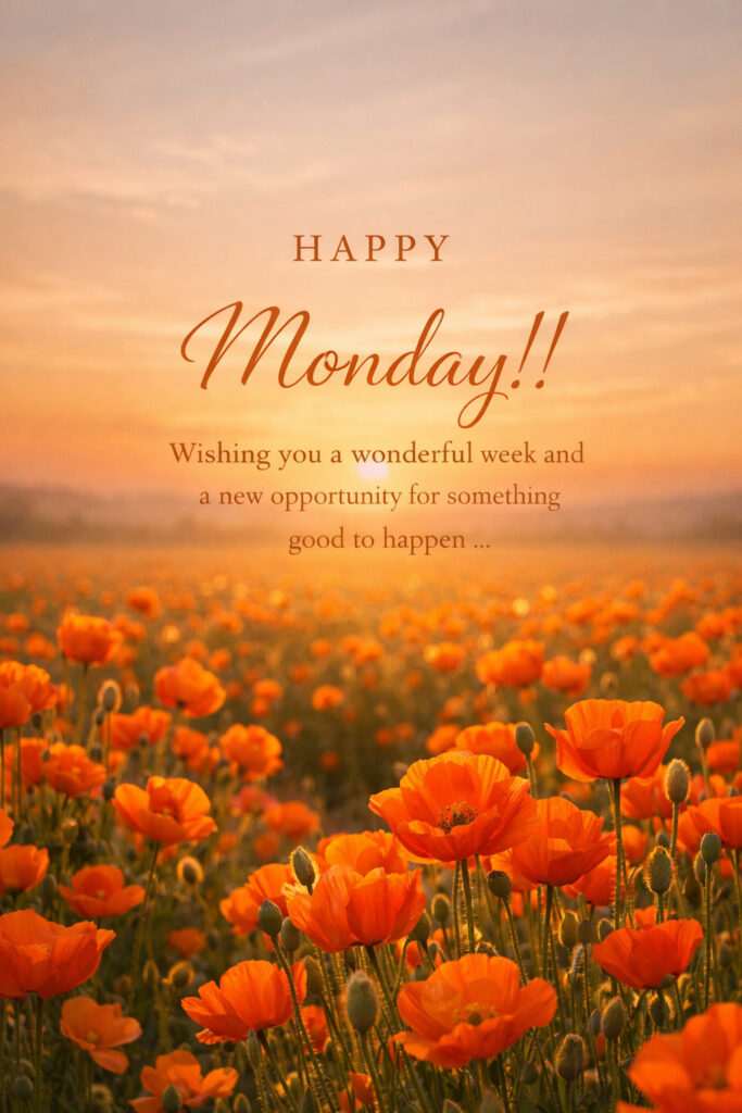 Good morning happy Monday images with orange flower field sunrise and motivational quote