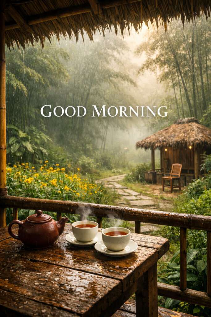 “Good morning inspirational image with hot tea cups and teapot on wooden table overlooking peaceful rainy forest cottage.”