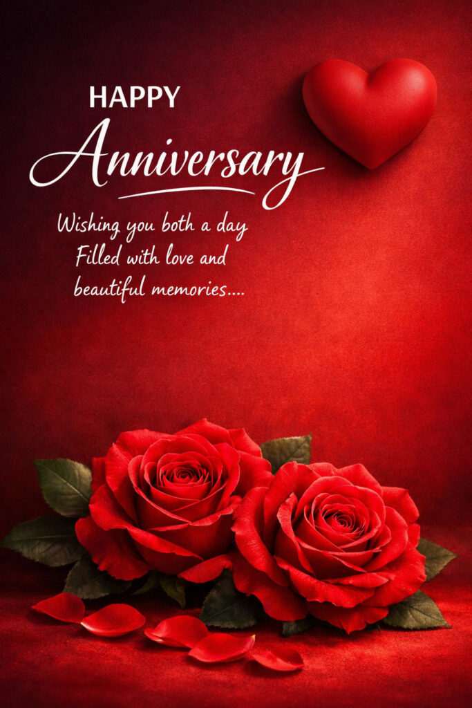 Romantic happy wedding anniversary image with deep red gradient background and beautiful roses