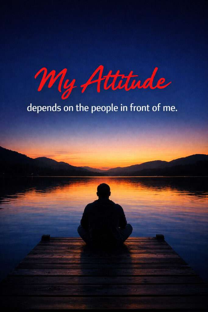 Dark aesthetic bold attitude  quote poster with silhouette of a man sitting on a wooden dock at sunrise lake, deep blue and orange gradient sky, calm water reflection, text “My Attitude depends on the people in front of me” in bold red and white typography.