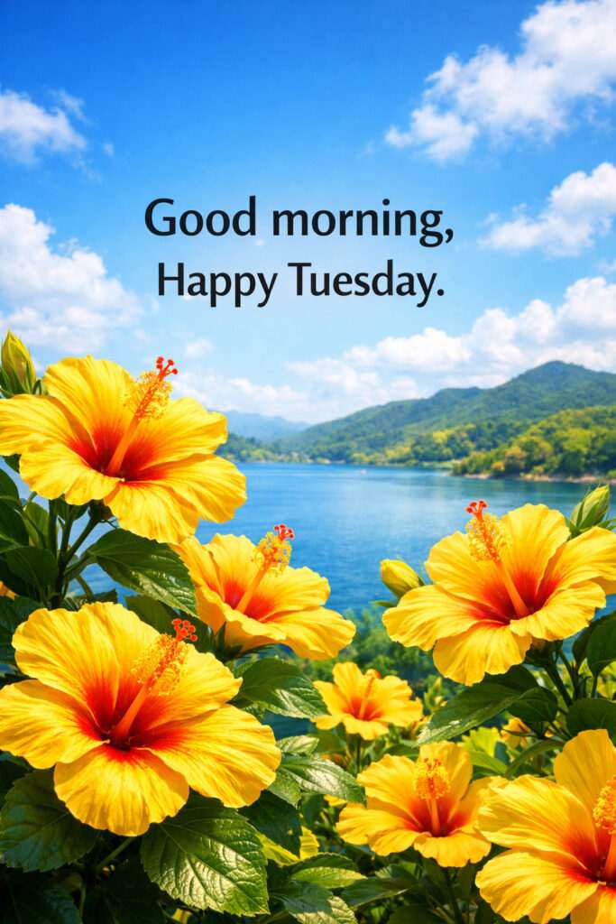 Happy Tuesday Good Morning image with yellow hibiscus flowers, lake view, blue sky, and peaceful nature background