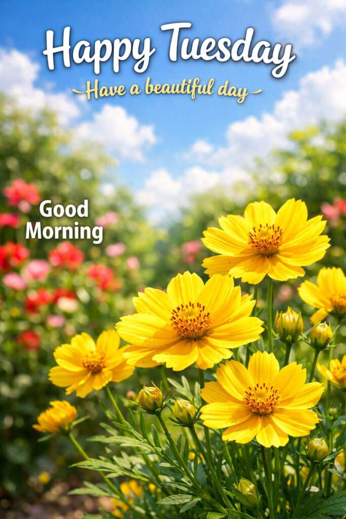 Fresh Happy Tuesday Good Morning image with garden flowers and sunny sky aesthetic