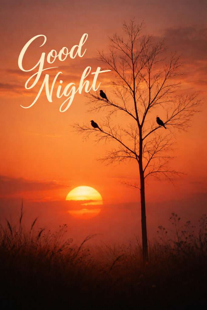 Beautiful nature sunset good night image with tree silhouette and birds at golden sunset
