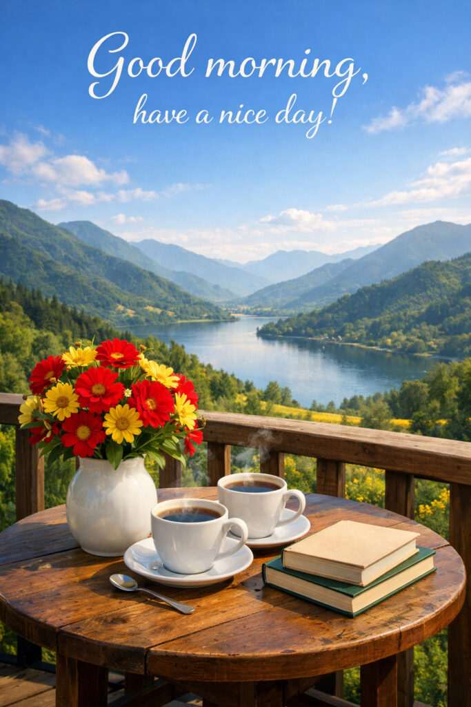 “Good morning inspirational quote with coffee cups, flowers, and books on wooden table overlooking beautiful mountain lake landscape.”