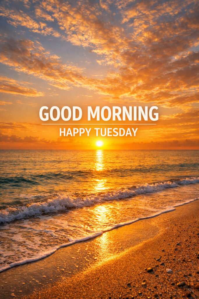 Happy Tuesday Good Morning image with golden sunrise over ocean, beach waves, and peaceful morning sky