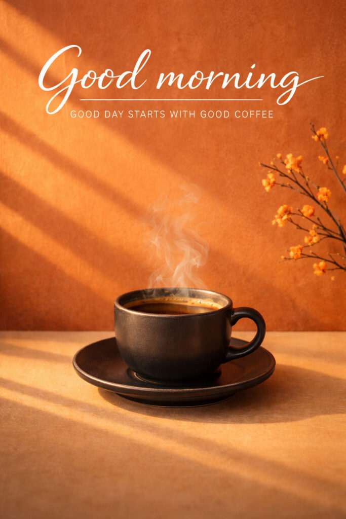 “Good morning inspirational quote with steaming coffee cup on minimalist aesthetic background with warm sunlight.”