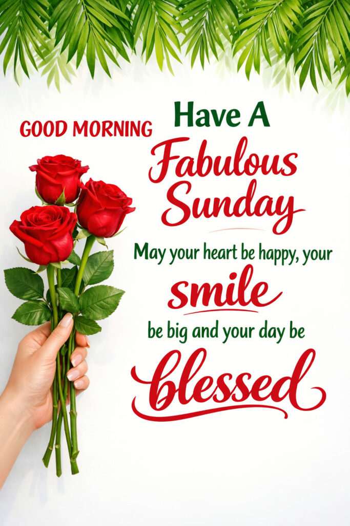 “Good Morning Sunday Images with red roses bouquet and fabulous Sunday wishes greeting”