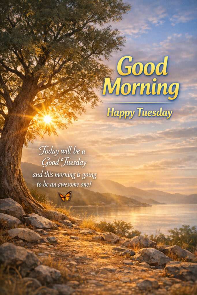 Happy Tuesday Good Morning image with sunrise by lake, tree, butterfly, and peaceful nature landscape with motivational quote