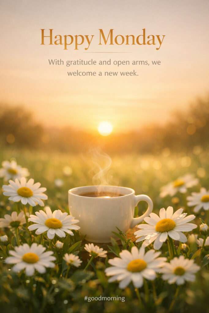 Good morning happy Monday images with coffee cup in flower field sunrise and motivational quote