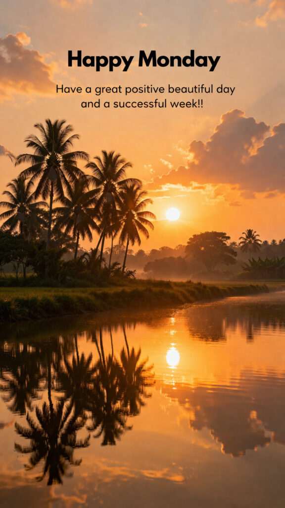 Good morning happy Monday images with sunrise nature scenery, palm trees reflection and motivational quote