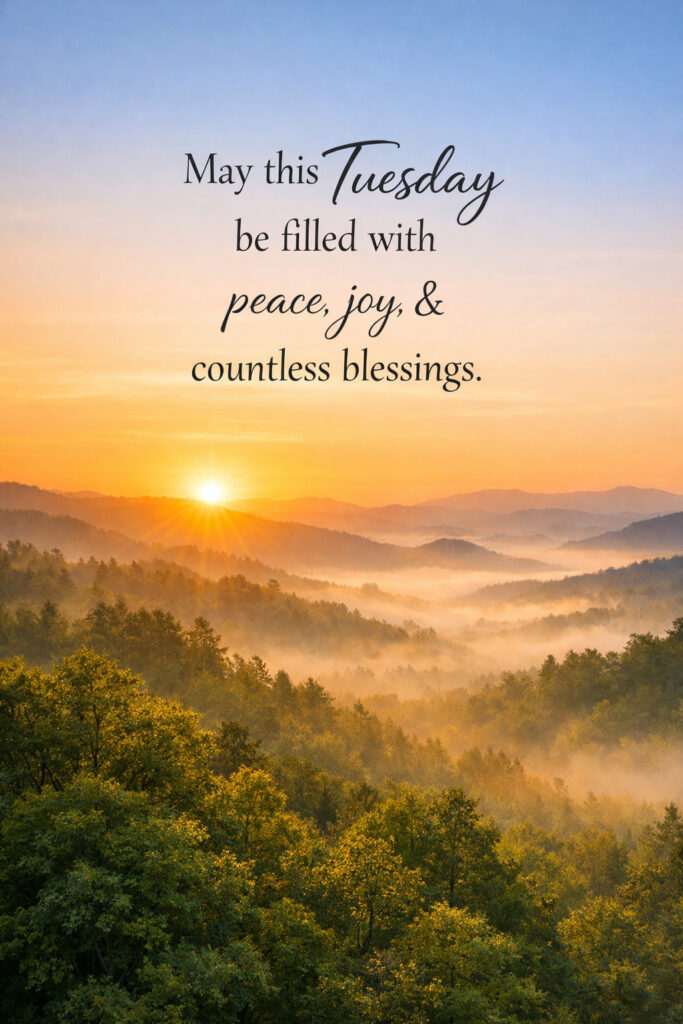 Beautiful Happy Tuesday Good Morning image with sunrise, foggy hills, and peaceful morning quote