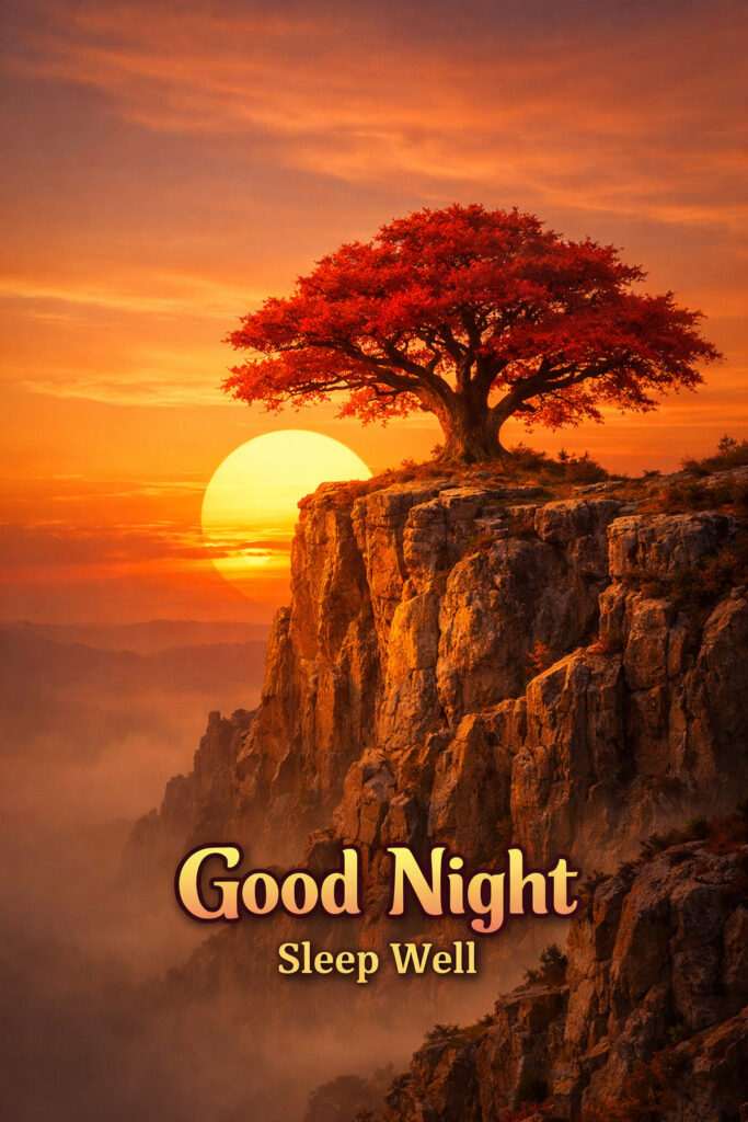 Beautiful nature sunset good night image with tree on cliff and golden sunset sky HD