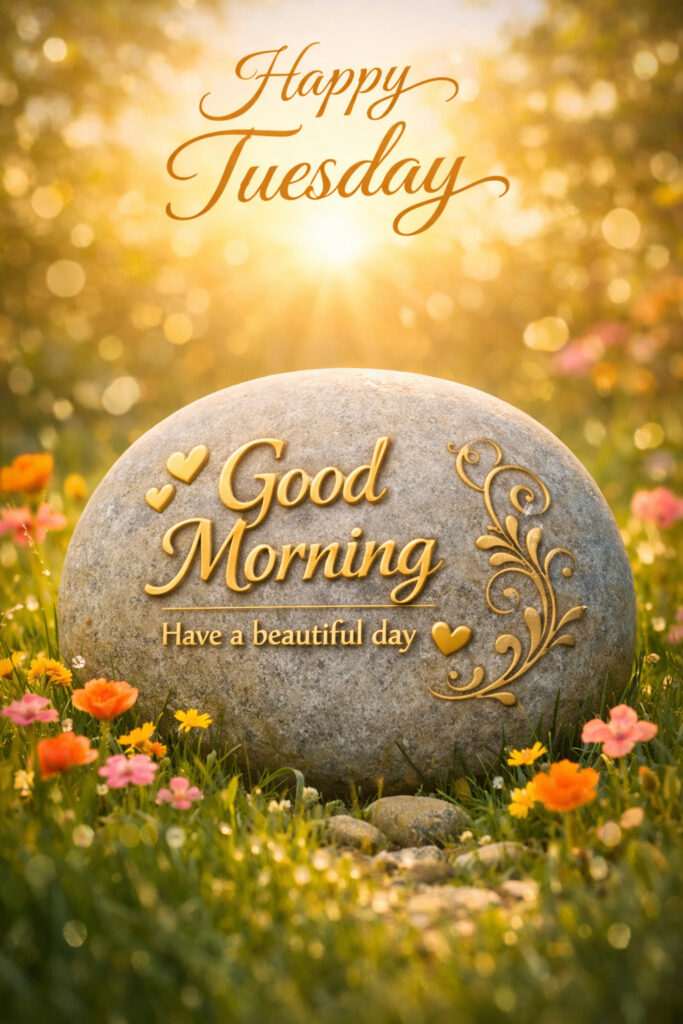 Happy Tuesday Good Morning image with golden sunrise, flowers in garden, and engraved stone message wishing a beautiful day
