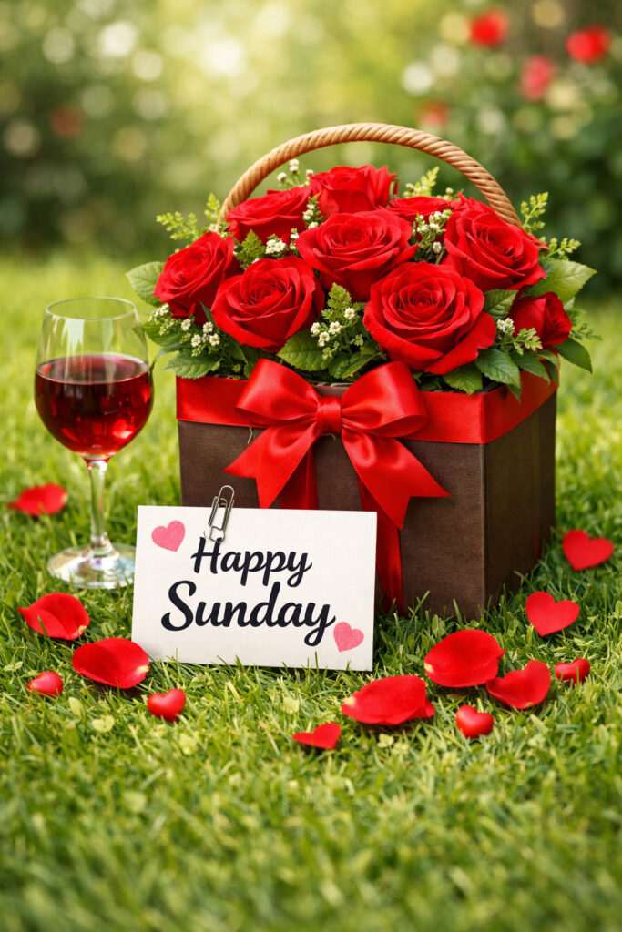 “Good Morning Sunday Images with red roses basket and happy Sunday greeting card”