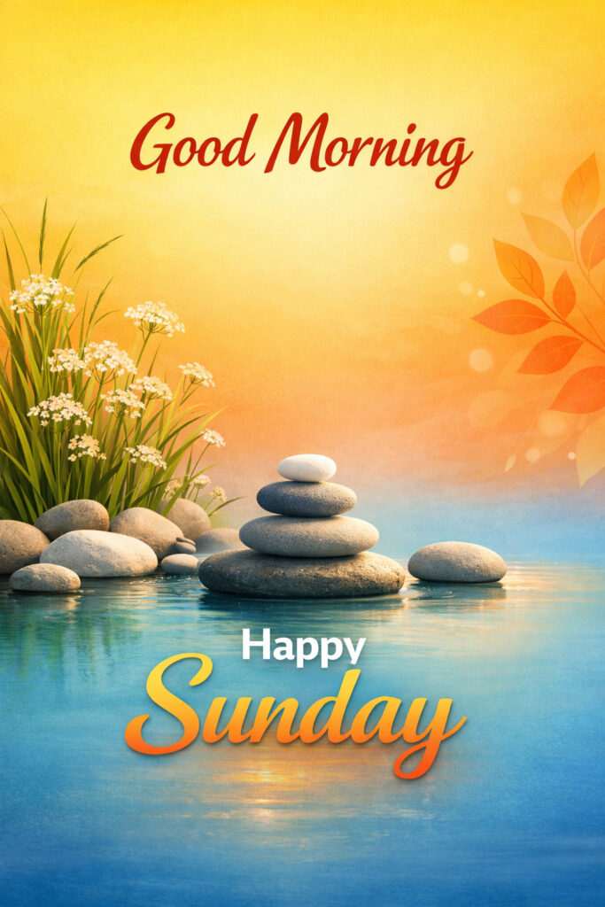“Good Morning Sunday Images with peaceful stones in water and happy Sunday greeting”