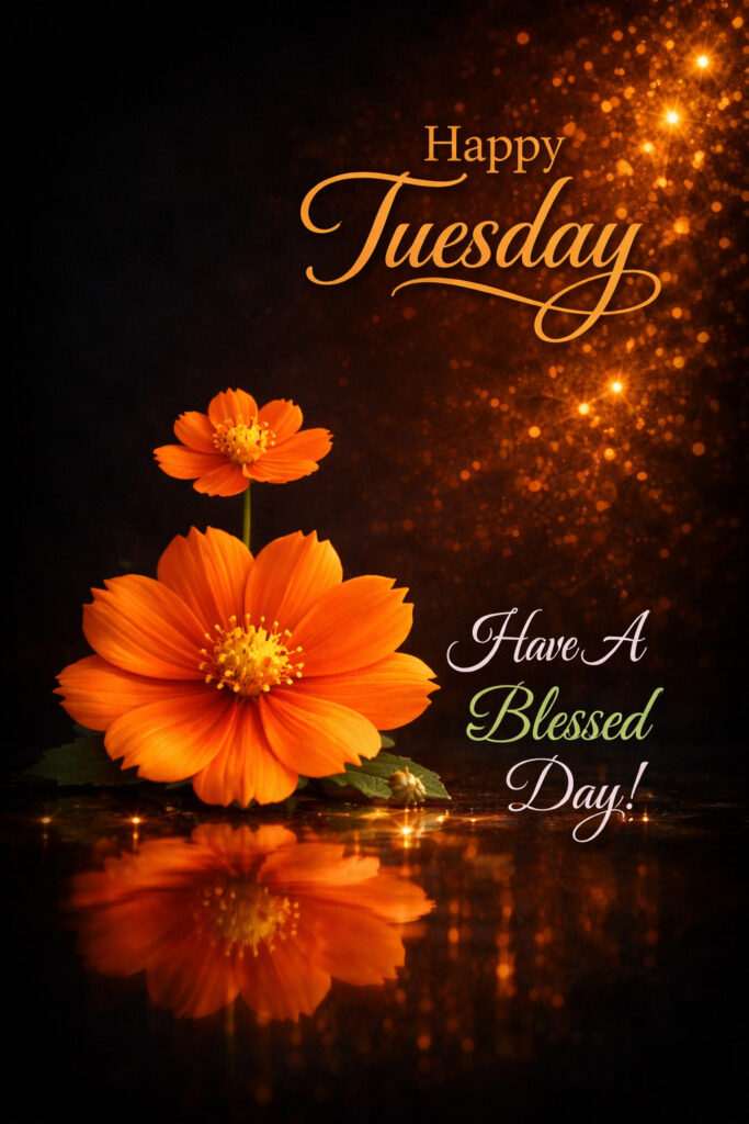Happy Tuesday Good Morning image with orange flower, dark glowing background, and blessed day message with sparkling lights
