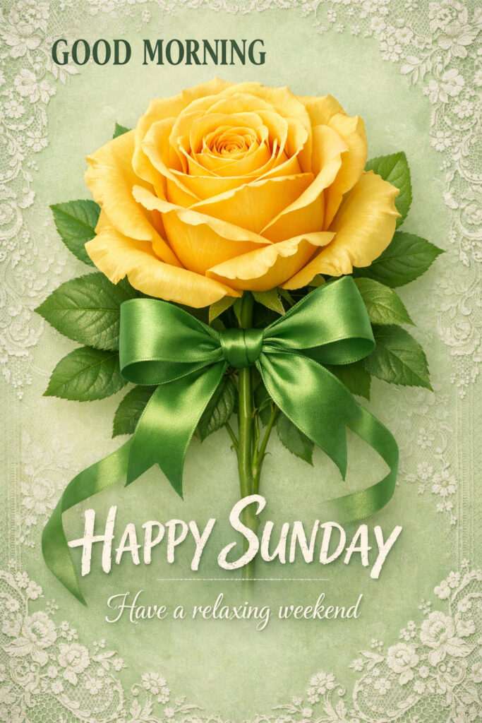 “Good Morning Sunday Images with yellow rose flower and happy Sunday wishes greeting”