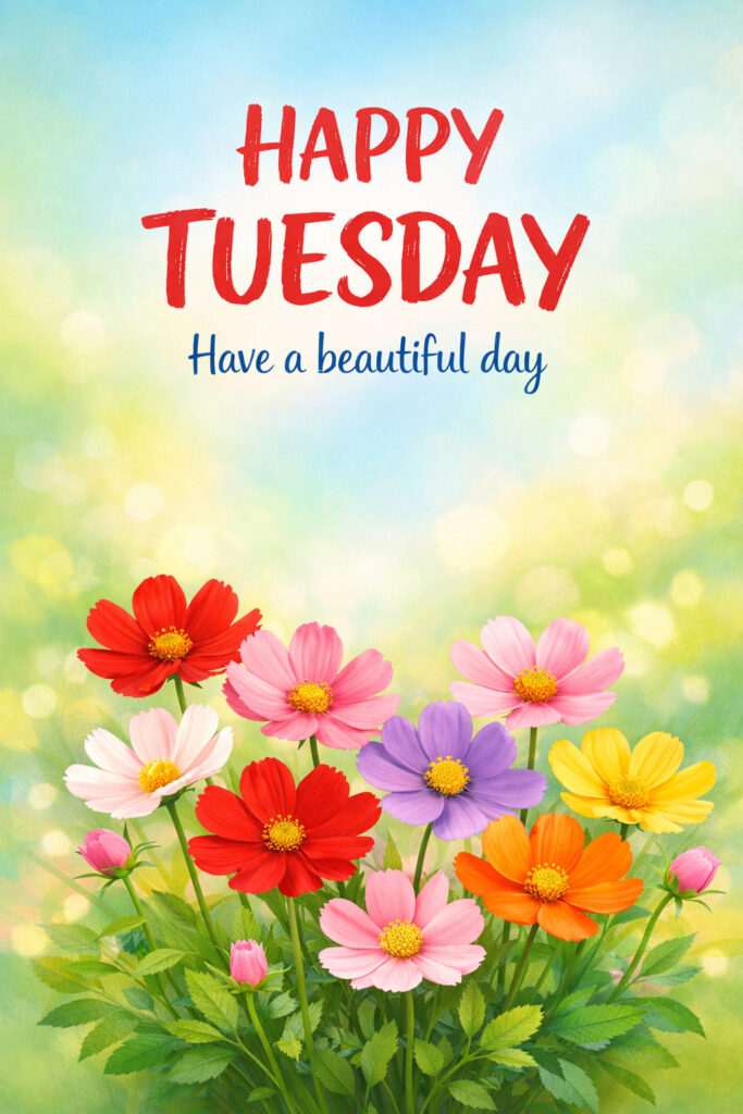 Beautiful Happy Tuesday Good Morning image with vibrant flowers and fresh spring background