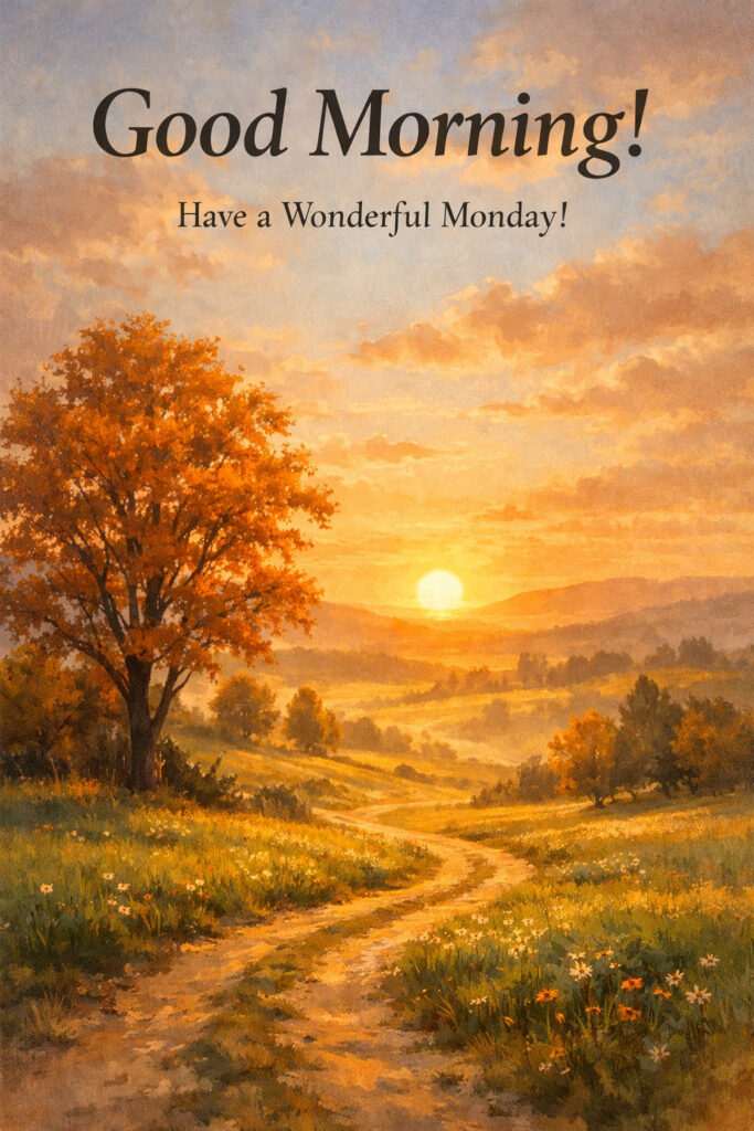 Good morning happy Monday images with sunrise landscape, autumn tree and scenic nature view