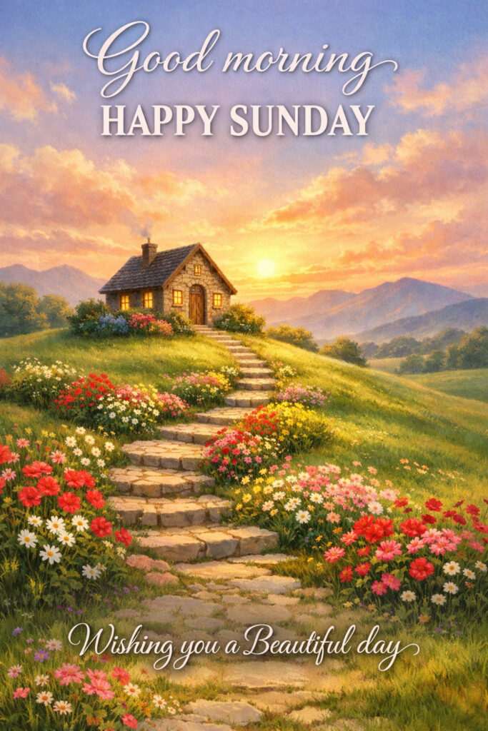 “Good Morning Sunday Images with countryside cottage, flowers and beautiful sunrise landscape”
