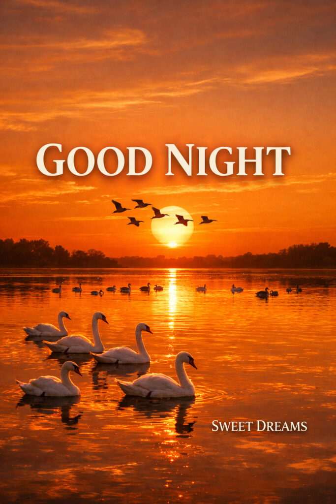 Beautiful nature sunset good night image with swans on lake and golden sunset reflection