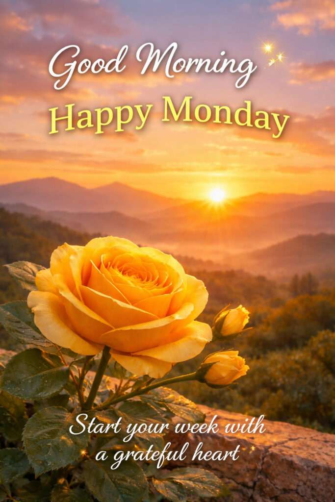 Good morning happy Monday images with green rose, butterflies and glowing nature background with text