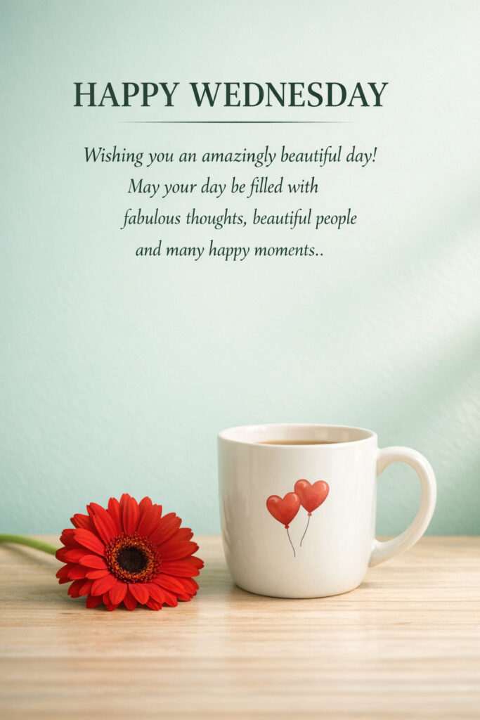 Happy Wednesday good morning images with coffee mug and red flower, inspirational quote on soft green background