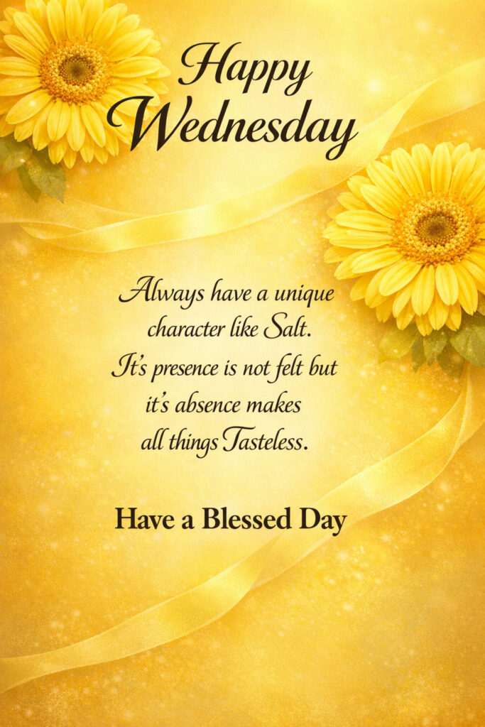 Happy Wednesday good morning images with yellow flowers and inspirational quote on golden background