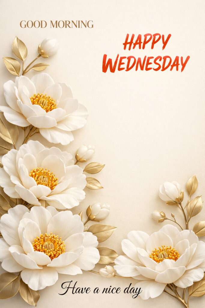Happy Wednesday good morning images with elegant white flowers and golden leaves design background