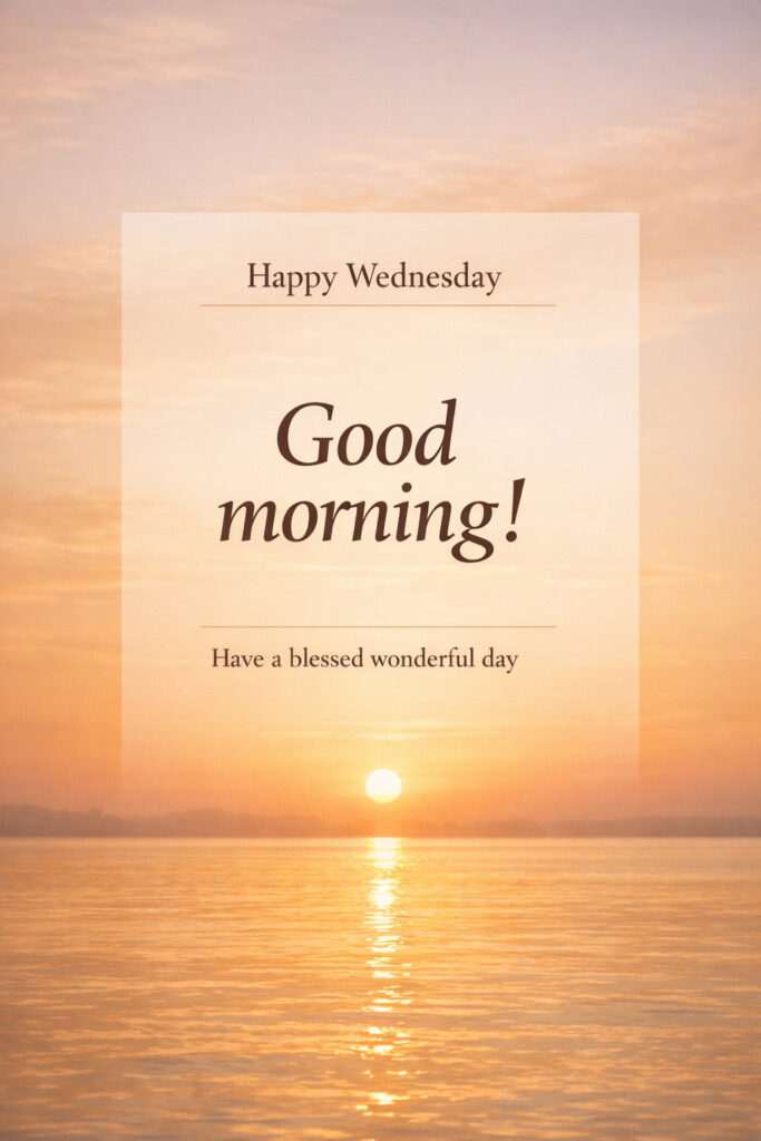 Happy Wednesday good morning images with sunrise over calm sea and inspirational morning quote
