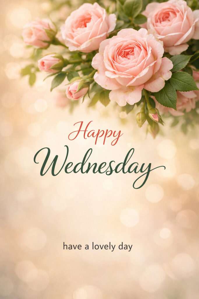 Happy Wednesday good morning images with soft pink roses and elegant floral background design