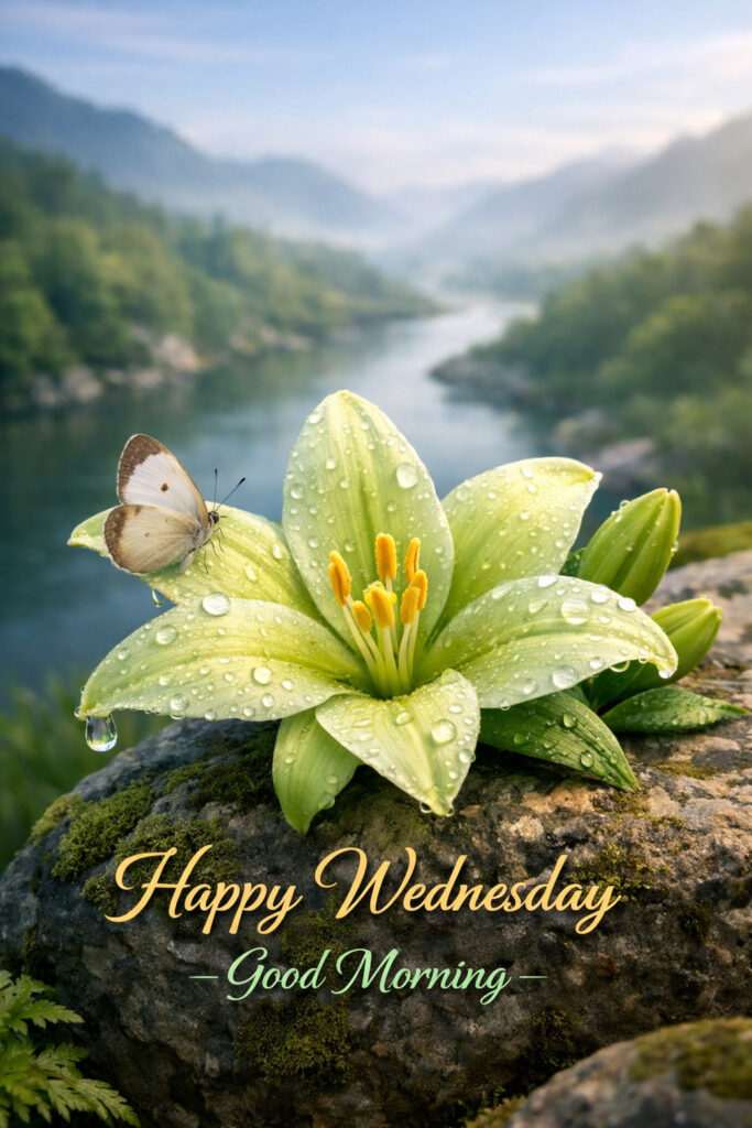 Happy Wednesday good morning images with dew covered lily flower and butterfly by scenic river
