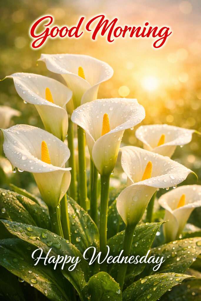 Happy Wednesday good morning images with white calla lilies and golden sunrise background