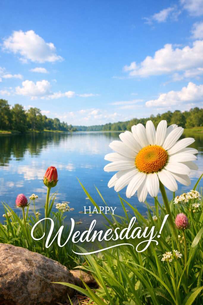 Happy Wednesday good morning images with daisy flower by lake and bright sunny nature background