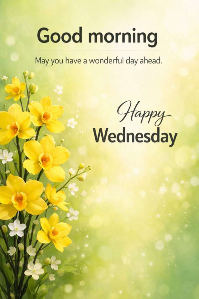 Happy Wednesday good morning images with beautiful yellow blossoms and soft green background