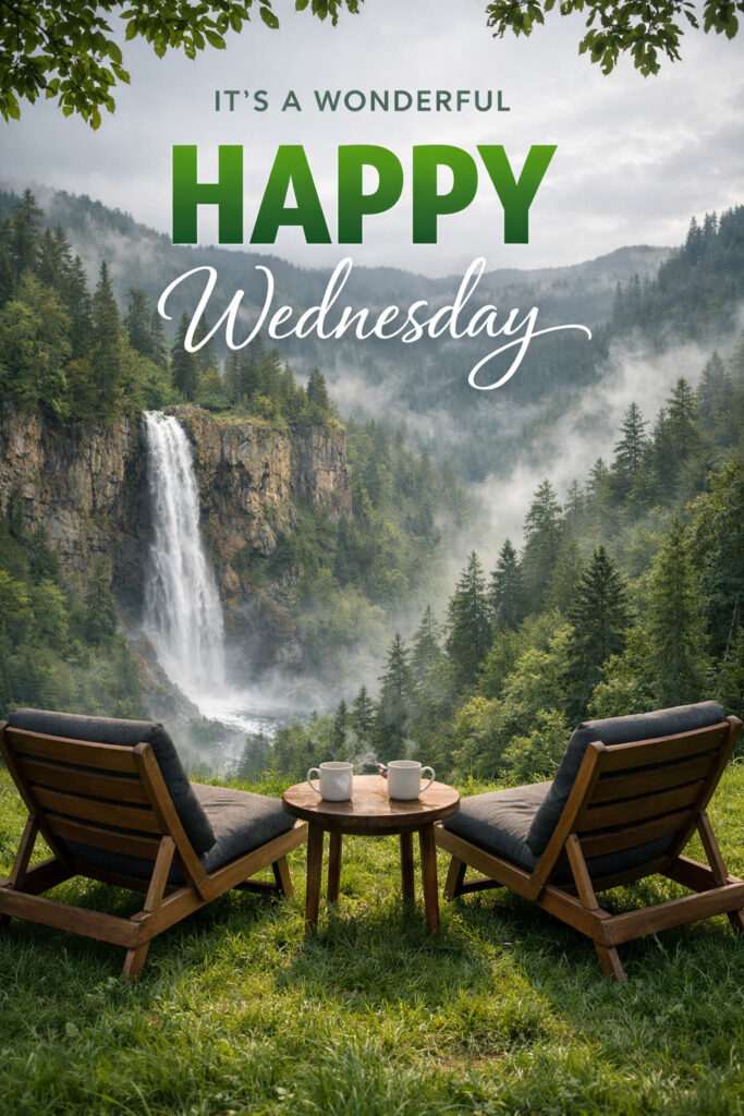 Happy Wednesday good morning images with dew covered lily flower and butterfly by scenic river