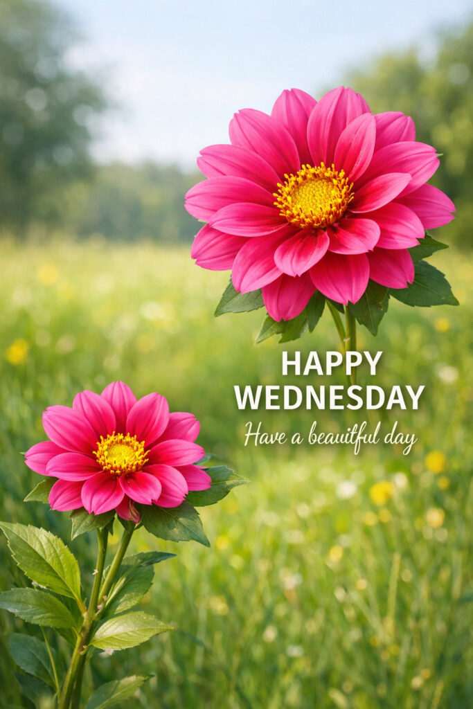 Happy Wednesday good morning images with pink flowers in green field and cheerful greeting text