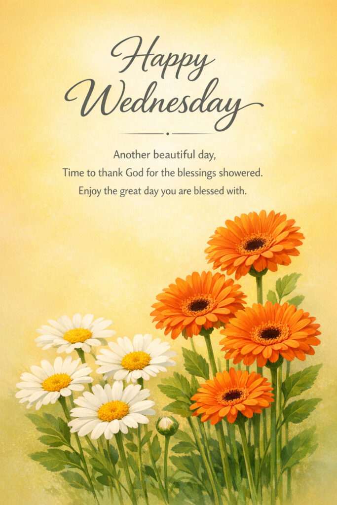 Happy Wednesday good morning images with orange and white flowers and inspirational blessing quote
