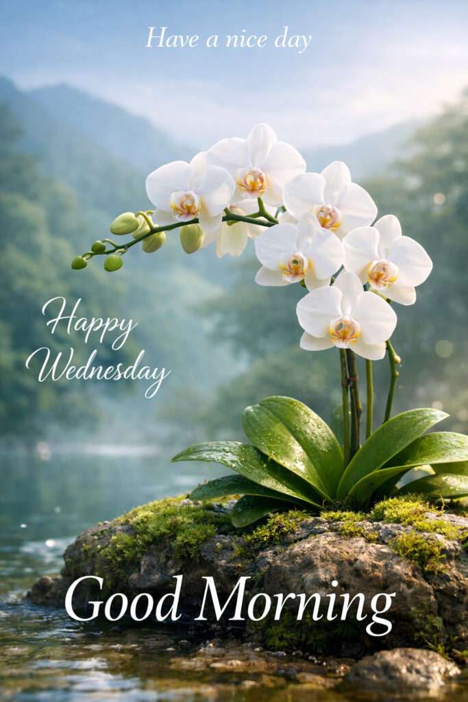 Happy Wednesday good morning images with white orchid flowers and serene lake mountain background