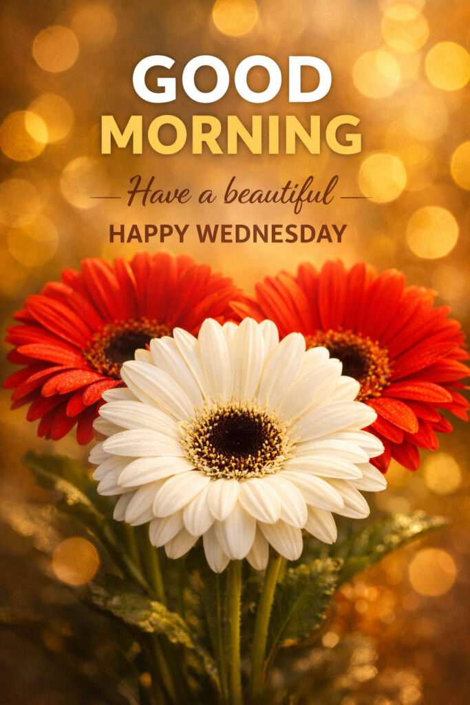Happy Wednesday good morning images with red and white gerbera flowers and golden bokeh background