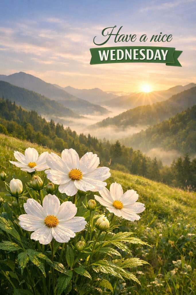 Happy Wednesday good morning images with white flowers and sunrise mountain landscape background