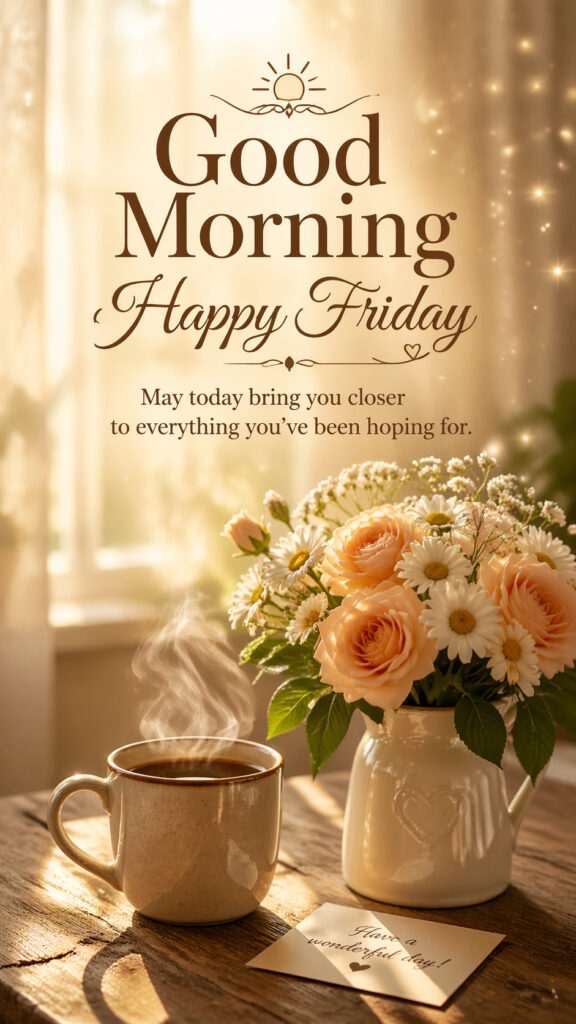 Good morning happy Friday image with coffee cup and pastel flower bouquet on wooden table with warm sunlight background