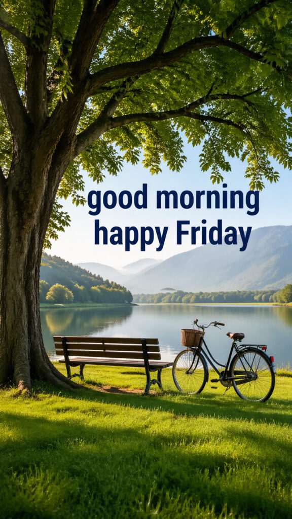 Good morning happy Friday image with lakeside bench and bicycle under tree with mountains and calm water background