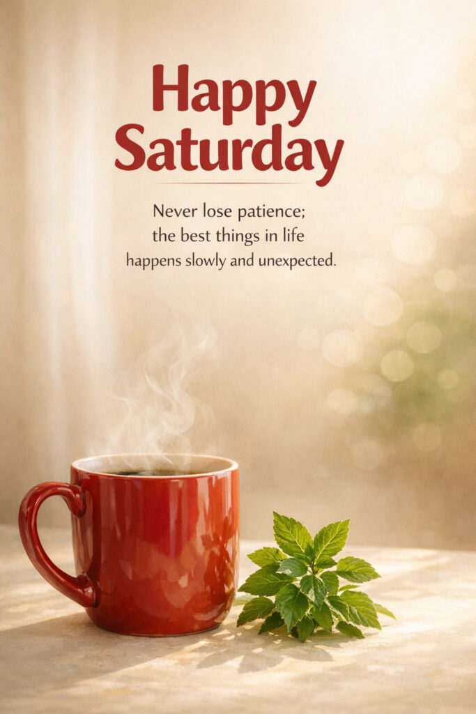 Good morning happy Saturday quote with red coffee mug and fresh green plant in warm sunlight background