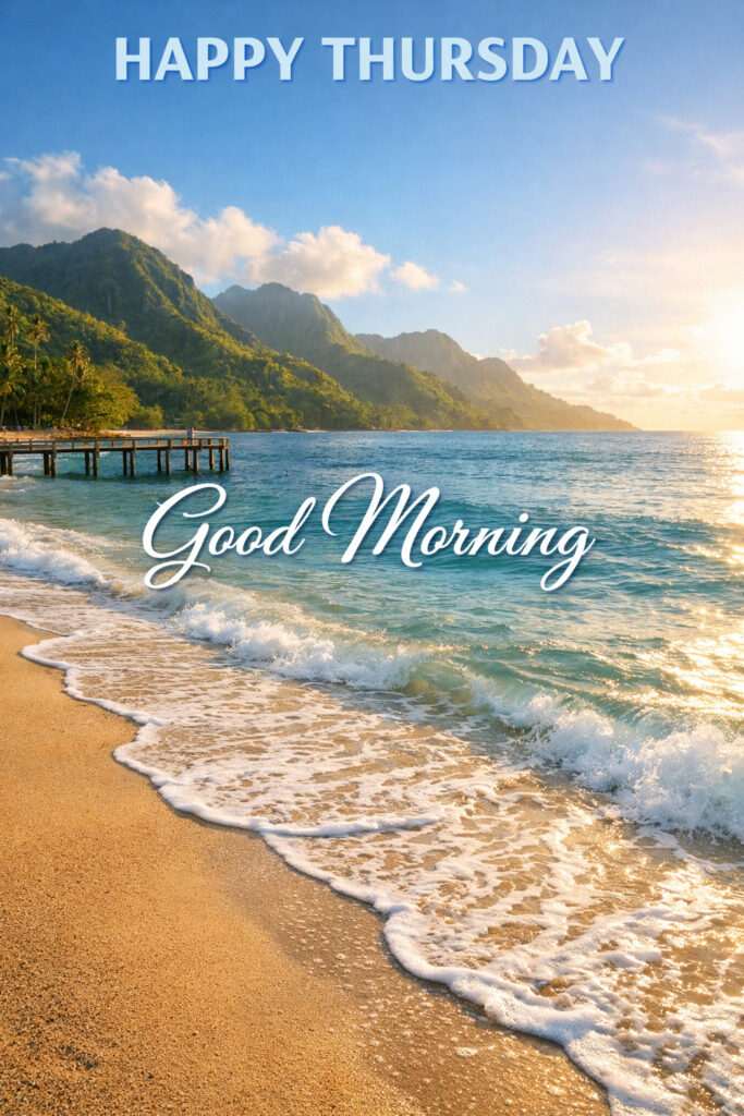 Happy Thursday good morning image with beautiful beach sunrise, ocean waves, and peaceful tropical scenery for a refreshing start to the day