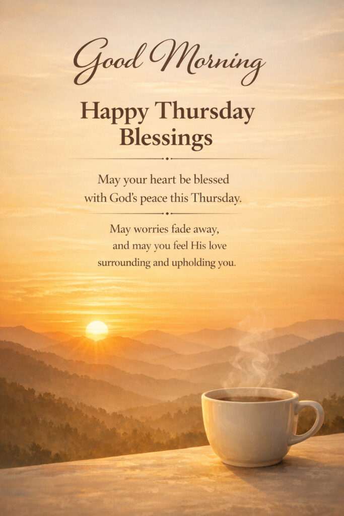 Happy Thursday good morning image with sunrise over mountains, coffee cup, and blessings quote for a peaceful and inspiring start to the day