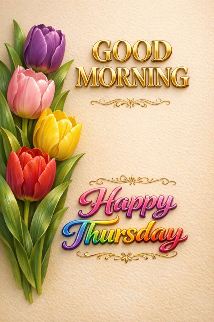 Happy Thursday good morning image with colorful tulip flowers and vibrant greeting text on elegant background for a cheerful start to the day
