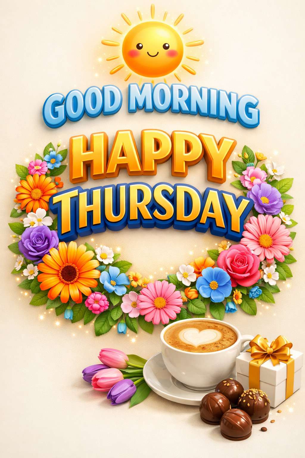 Happy Thursday good morning images with cute sun, colorful flowers, coffee cup and gift box