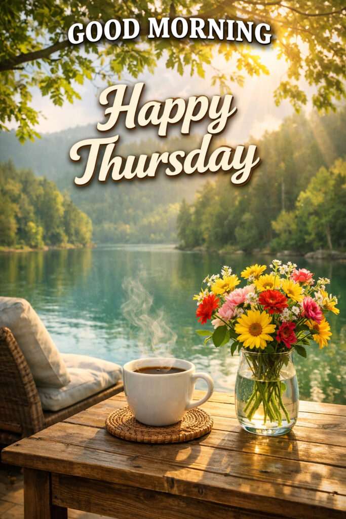 Happy Thursday good morning image with coffee cup and colorful flowers by peaceful lake and mountain view for a relaxing and positive start to the day
